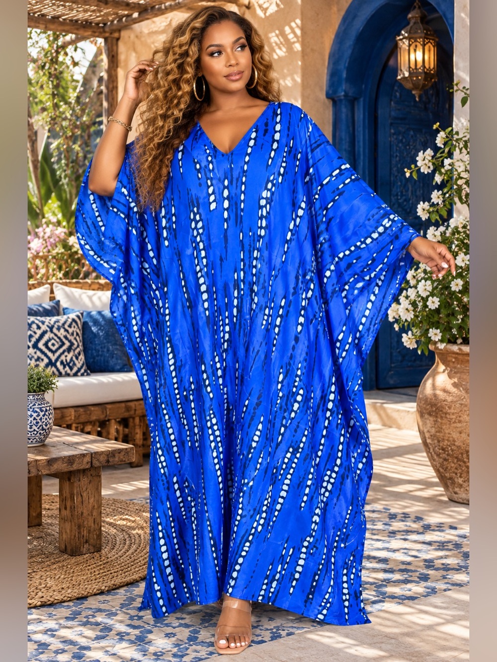 Plus-Size Royal Blue V-Neck Kaftan Cover-Up